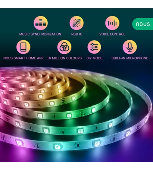 Imagine Banda LED RGBIC inteligentă Nous F4, Wi-Fi, sincronizare muzică, control vocal, 18W, lumină colorată, 5m