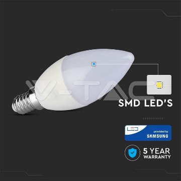Arată detalii pentru Bec LED V-TAC cu cip Samsung, formă lumânare, E14, 7W, lumină caldă Imagine Bec LED V-TAC cu cip Samsung, formă lumânare, E14, 7W, lumină caldă