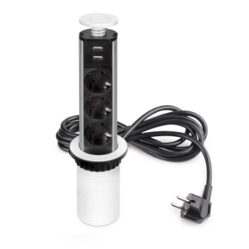 Arată detalii pentru Priză de mobilier COMFORT Ø100 mm, 3xSchuko, 2xUSB 2,4A, aluminiu Imagine Priză de mobilier COMFORT Ø100 mm, 3xSchuko, 2xUSB 2,4A, aluminiu