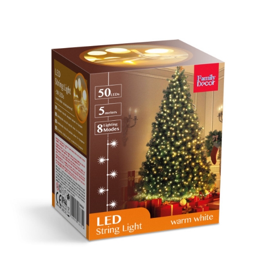 Imagine Șir luminos 50 LED-uri alb cald 5m cu 8 programe