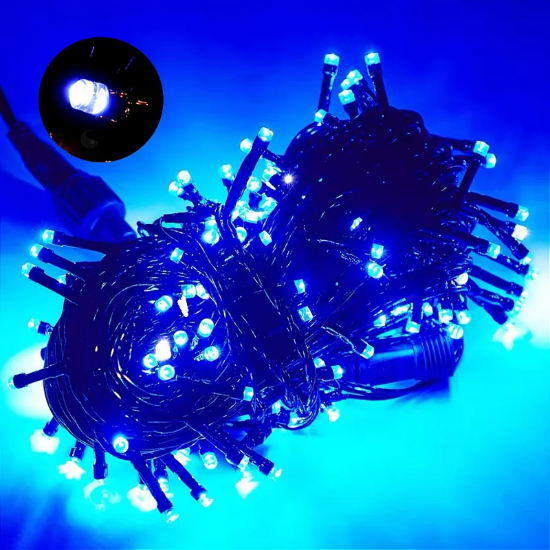 Imagine Șir luminos 100 LED Albastre 230V Interconectabil IP65 cu Cablu Verde 1,5M