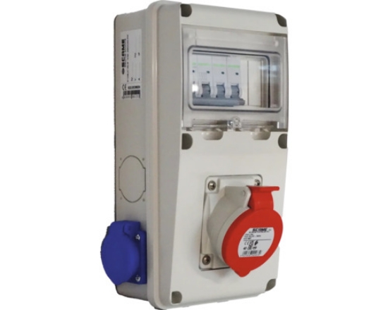 Imagine Tablou organizare electrică șantier cablat Scame E1 5 module IP44, montaj aparent, cu 1 priză trifazică 16A și 2 prize simple cu împământare