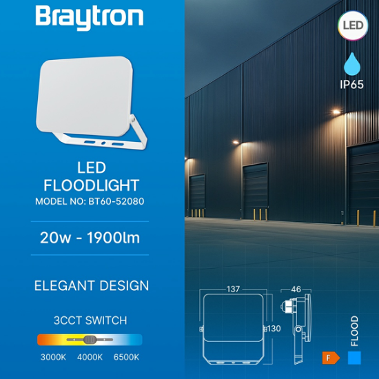 Imagine Proiector LED Slim Braytron 20W 3IN1 IP65 Alb BR-BT60-52080