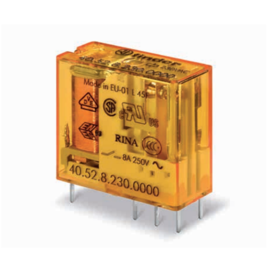 Imagine FINDER - Releu miniaturizat, implantabil, 5mm între pinii contactului, bobină standard (650mW), alimentare 24VC.C., 2C, 8A, AgNi