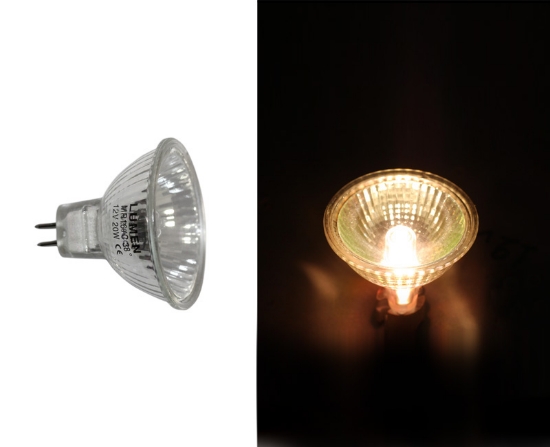 Imagine Bec halogen 12V 20W MR16 38'+STICLA LUMINA CALDA