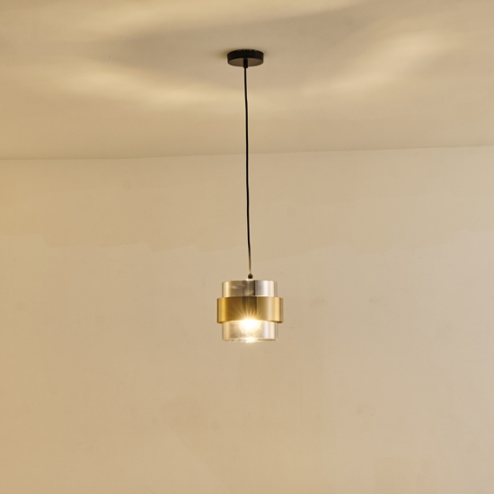 Imagine Lampa suspendată metal-sticlă cu un singur bec 1XE27 max 15W Ø180X1205mm negru-aurie Arte Illumina Reliac