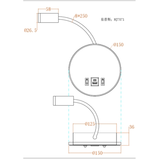 Imagine Lampă de citit montată pe perete cu dublă lumină din aluminiu 3+7W 150+500Lm 3000K 150x458mm cu USB tip C și suport negru Arte Illumina