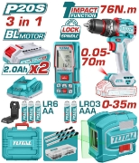Imagine TOTAL - KIT COMBO 20V - MASINA DE GAURIT CU IMPACT, NIVELA LASER, TELEMETRU (INCLUDE 2 ACUMULATORI,