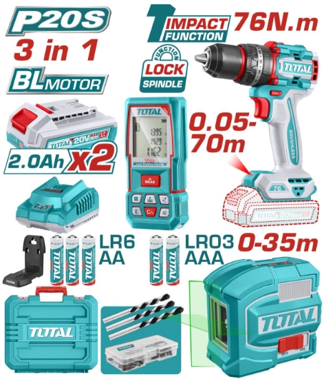 Imagine TOTAL - KIT COMBO 20V - MASINA DE GAURIT CU IMPACT, NIVELA LASER, TELEMETRU (INCLUDE 2 ACUMULATORI,
