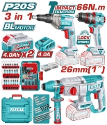 Imagine TOTAL - KIT COMBO 20V - MASINA DE GAURIT CU IMPACT, SURUBELNITA CU OPRITOR, CIOCAN ROTOPERCUTOR  (IN