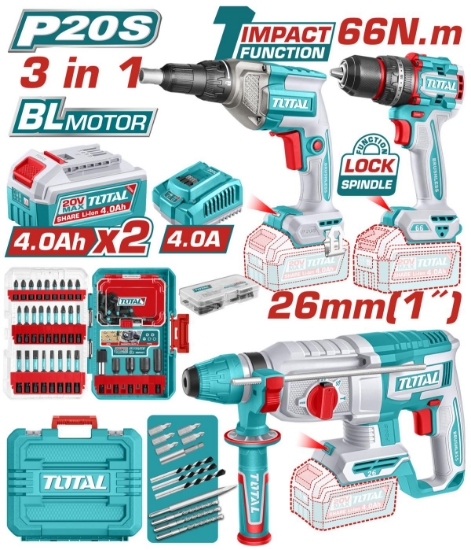 Imagine TOTAL - KIT COMBO 20V - MASINA DE GAURIT CU IMPACT, SURUBELNITA CU OPRITOR, CIOCAN ROTOPERCUTOR  (IN