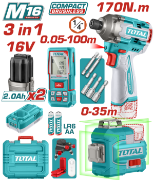 Imagine TOTAL - KIT COMBO 16V - MASINA DE INSURUBAT, TELEMETRU LASER, NIVELA LASER (INCLUDE ACUMULATOR SI IN