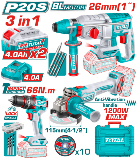 Imagine TOTAL - KIT COMBO - 20V - MASINA DE GAURIT, POLIZOR UNGHIULAR, CIOCAN ROTOPERCUTOR (INCLUDE 2 ACUMUL