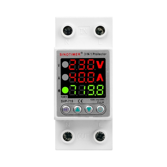 Imagine Releu digital monofazic de protectie tensiune, Sinotimer, si curent 1- 40A,  consum KW, ecran digital LED, SVP-719-40A
