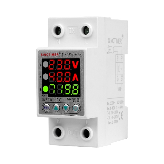 Imagine Releu digital monofazic de protectie tensiune, Sinotimer, si curent 1- 40A,  consum KW, ecran digital LED, SVP-719-40A